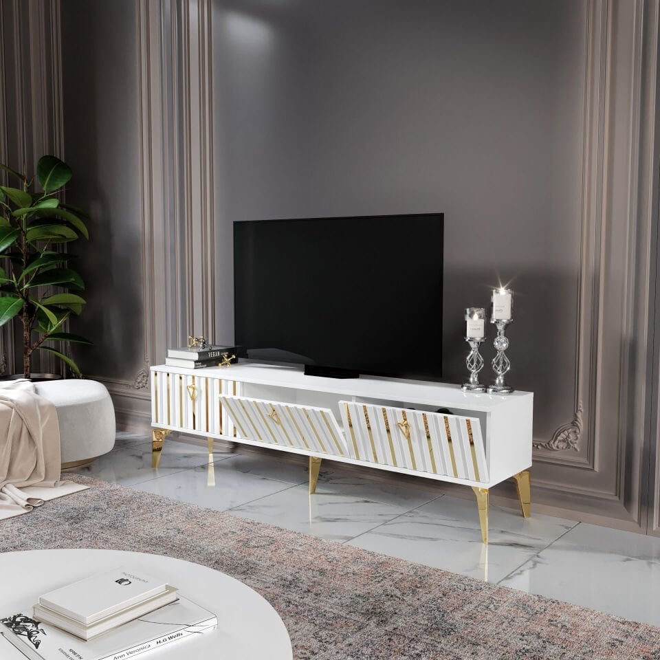 MapaHomeLiving 180 cm Dubai beyaz gold TV sehpası salon dekor
