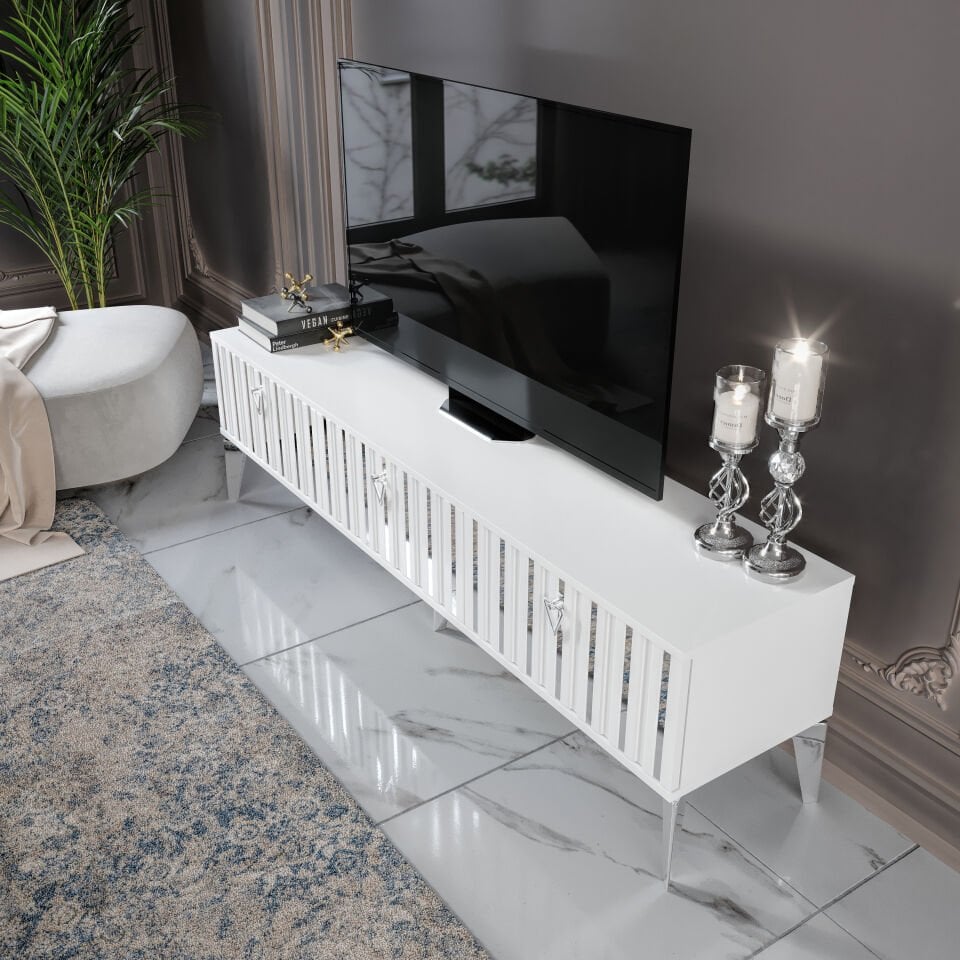 şık beyaz gümüş MDF membran kapaklı TV ünitesi 180 cm salon