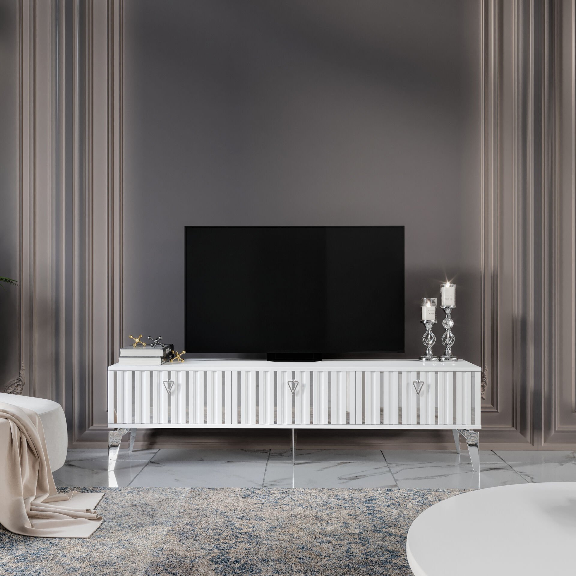 180 cm Dubai MDF membran kapak TV sehpası beyaz gümüş ürün görseli