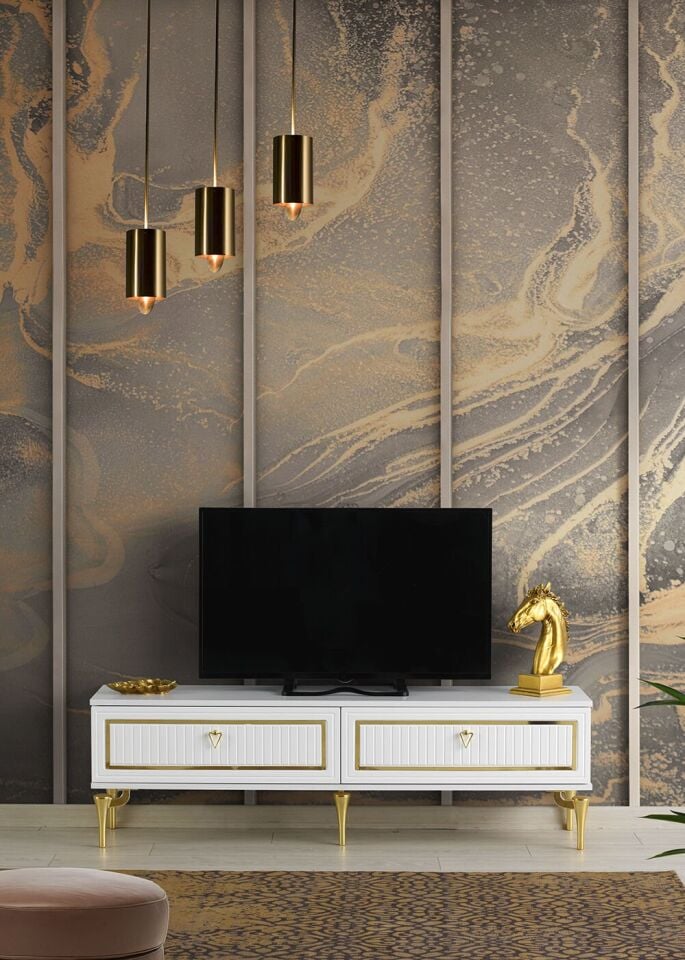 180 CM TREND METAL AYAK-MDF MEBRAN KAPAK TV SEHPASI BEYAZ - GOLD