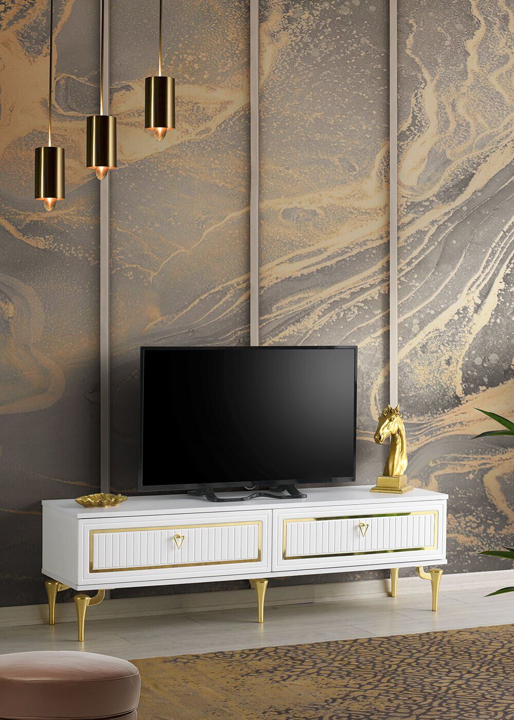180 CM TREND METAL AYAK-MDF MEBRAN KAPAK TV SEHPASI BEYAZ - GOLD