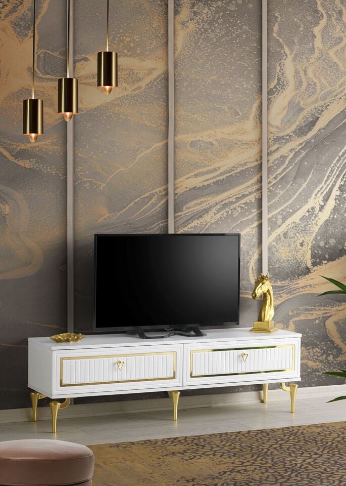 180 CM TREND METAL AYAK-MDF MEBRAN KAPAK TV SEHPASI BEYAZ - GOLD