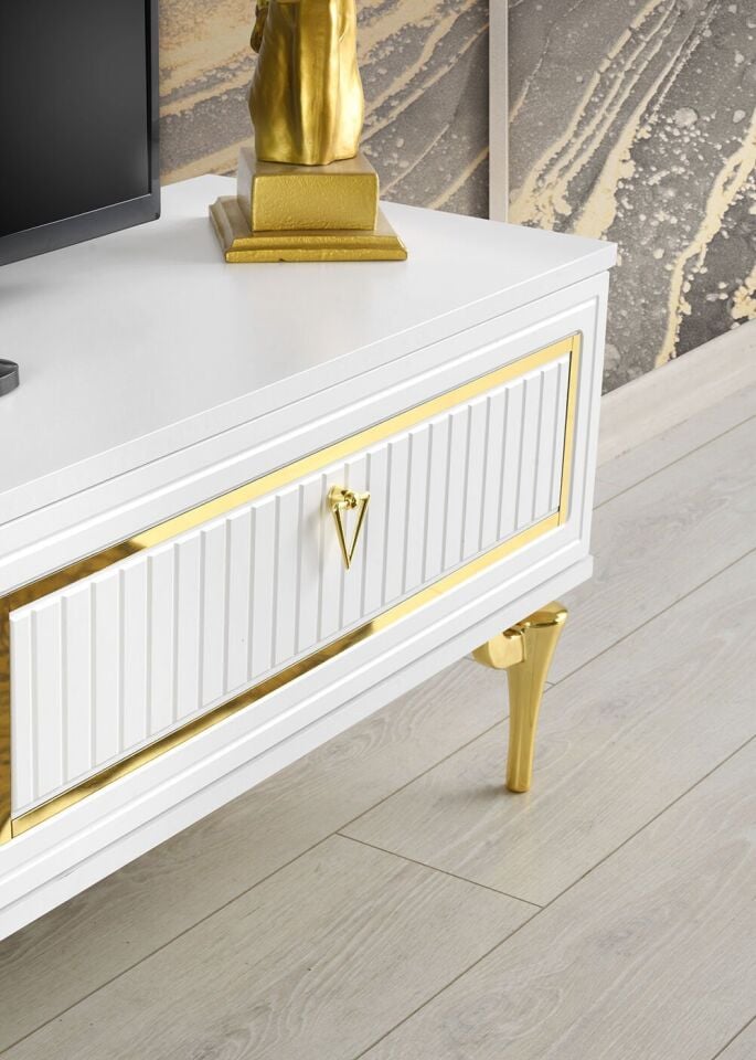 180 CM TREND METAL AYAK-MDF MEBRAN KAPAK TV SEHPASI BEYAZ - GOLD