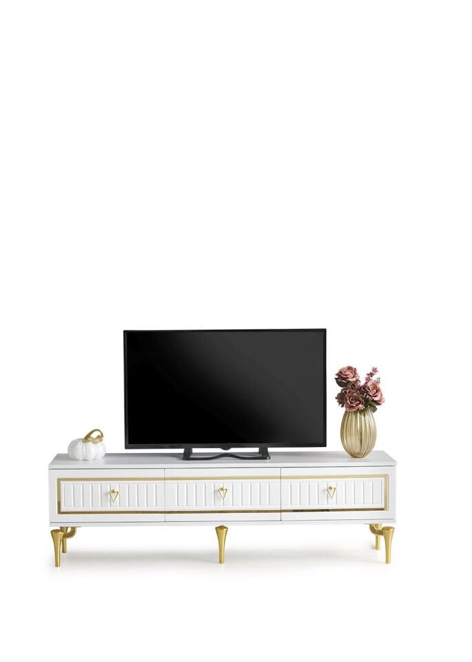 180 CM KLAS METAL AYAK-MDF MEBRAN KAPAK TV SEHPASI BEYAZ - GOLD