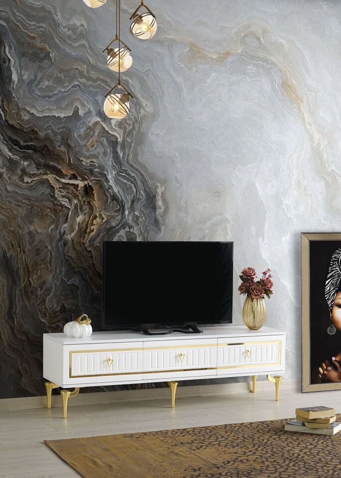 180 CM KLAS METAL AYAK-MDF MEBRAN KAPAK TV SEHPASI BEYAZ - GOLD