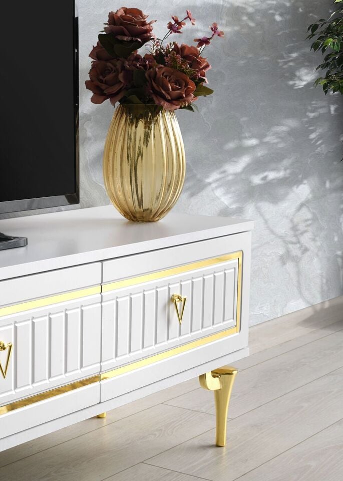 180 CM KLAS METAL AYAK-MDF MEBRAN KAPAK TV SEHPASI BEYAZ - GOLD