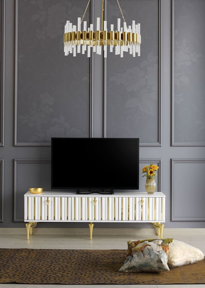 180 CM DUBAİ METAL AYAK-MDF MEBRAN KAPAK TV SEHPASI BEYAZ - GOLD