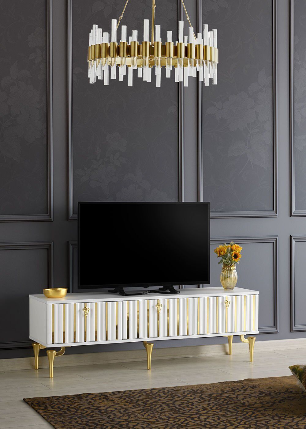 180 CM DUBAİ METAL AYAK-MDF MEBRAN KAPAK TV SEHPASI BEYAZ - GOLD