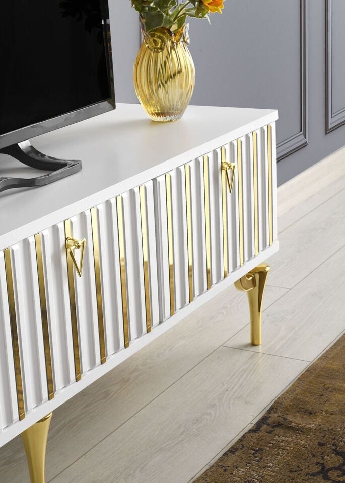 180 CM DUBAİ METAL AYAK-MDF MEBRAN KAPAK TV SEHPASI BEYAZ - GOLD