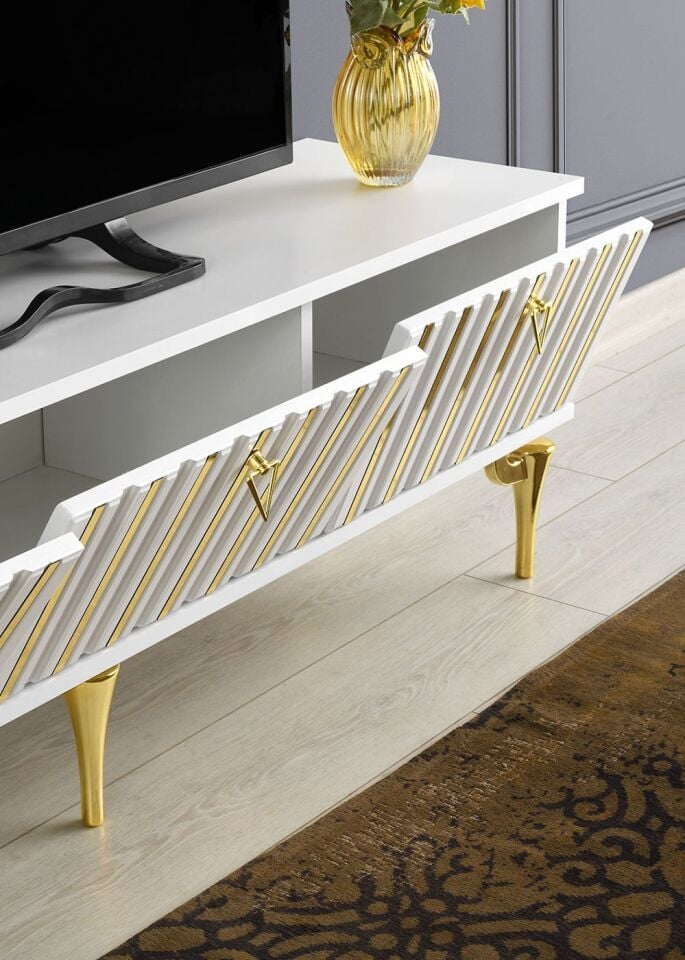 180 CM DUBAİ METAL AYAK-MDF MEBRAN KAPAK TV SEHPASI BEYAZ - GOLD