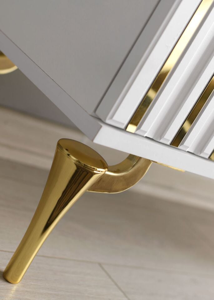 180 CM DUBAİ METAL AYAK-MDF MEBRAN KAPAK TV SEHPASI BEYAZ - GOLD
