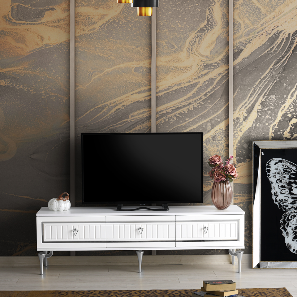 180 cm klas metal ayaklı MDF membran kapak TV sehpası beyaz gümüş ürün görseli