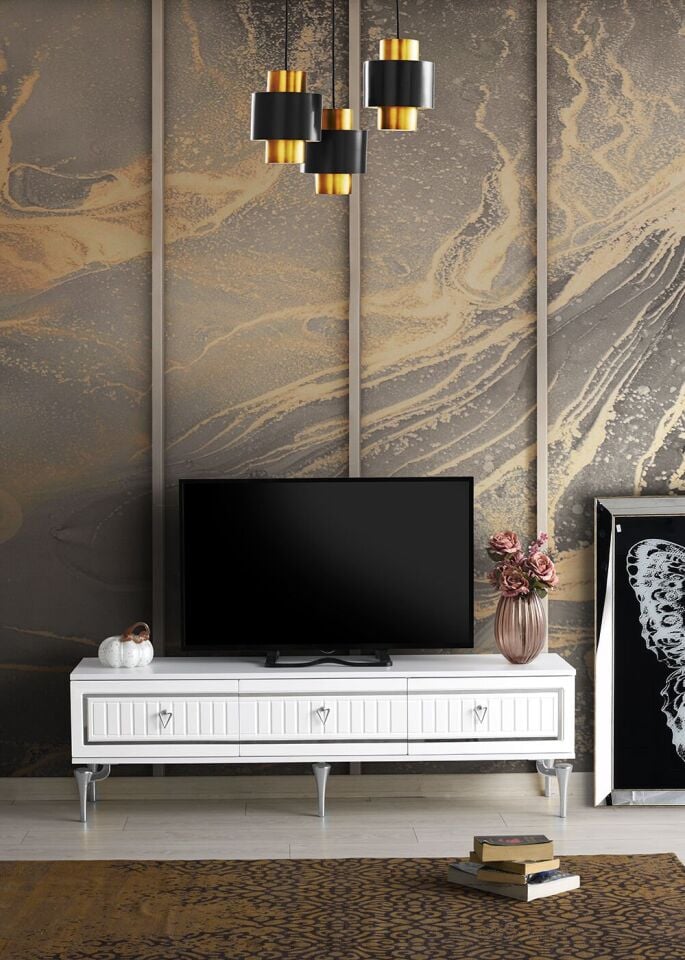 180 CM KLAS METAL AYAK-MDF MEBRAN KAPAK TV SEHPASI BEYAZ - GÜMÜŞ