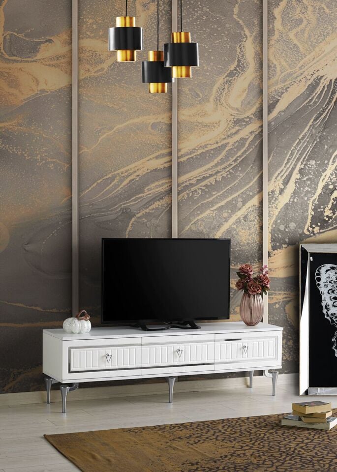 180 CM KLAS METAL AYAK-MDF MEBRAN KAPAK TV SEHPASI BEYAZ - GÜMÜŞ