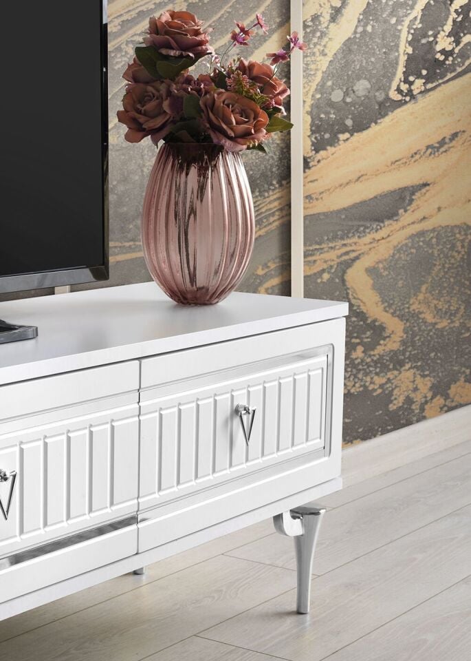 180 CM KLAS METAL AYAK-MDF MEBRAN KAPAK TV SEHPASI BEYAZ - GÜMÜŞ