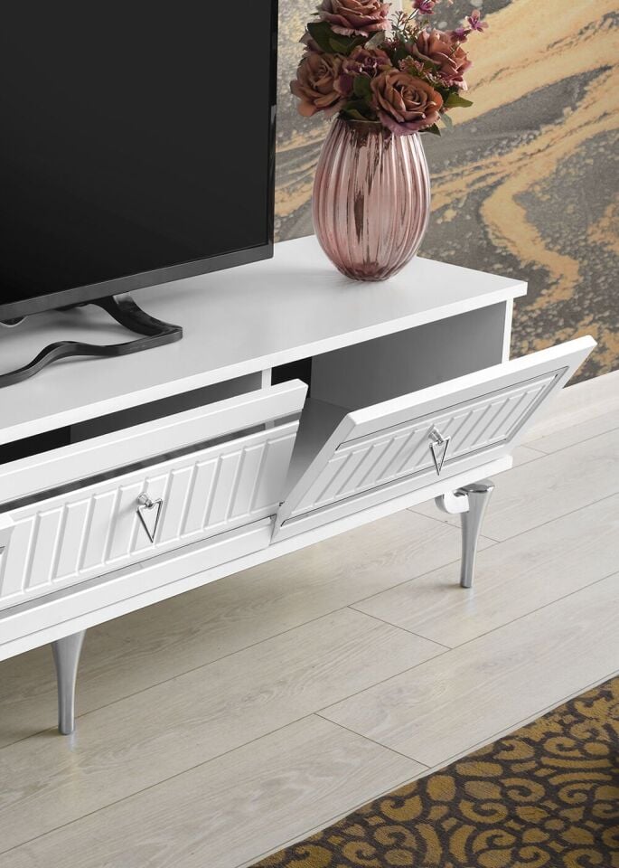 180 CM KLAS METAL AYAK-MDF MEBRAN KAPAK TV SEHPASI BEYAZ - GÜMÜŞ