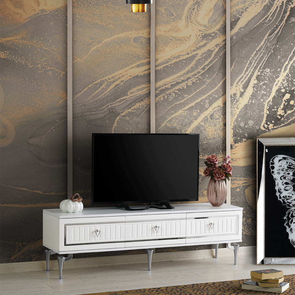beyaz gümüş 180 cm metal ayak MDF kapak TV sehpası salon dekoru