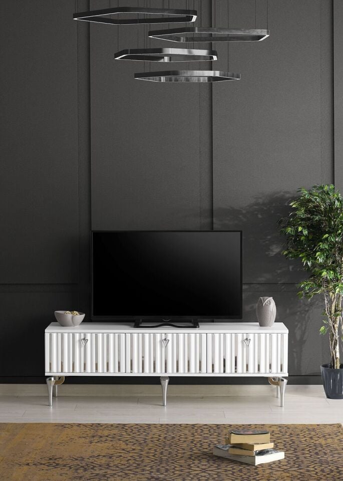 180 CM DUBAİ METAL AYAK-MDF MEBRAN KAPAK TV SEHPASI BEYAZ - GÜMÜŞ