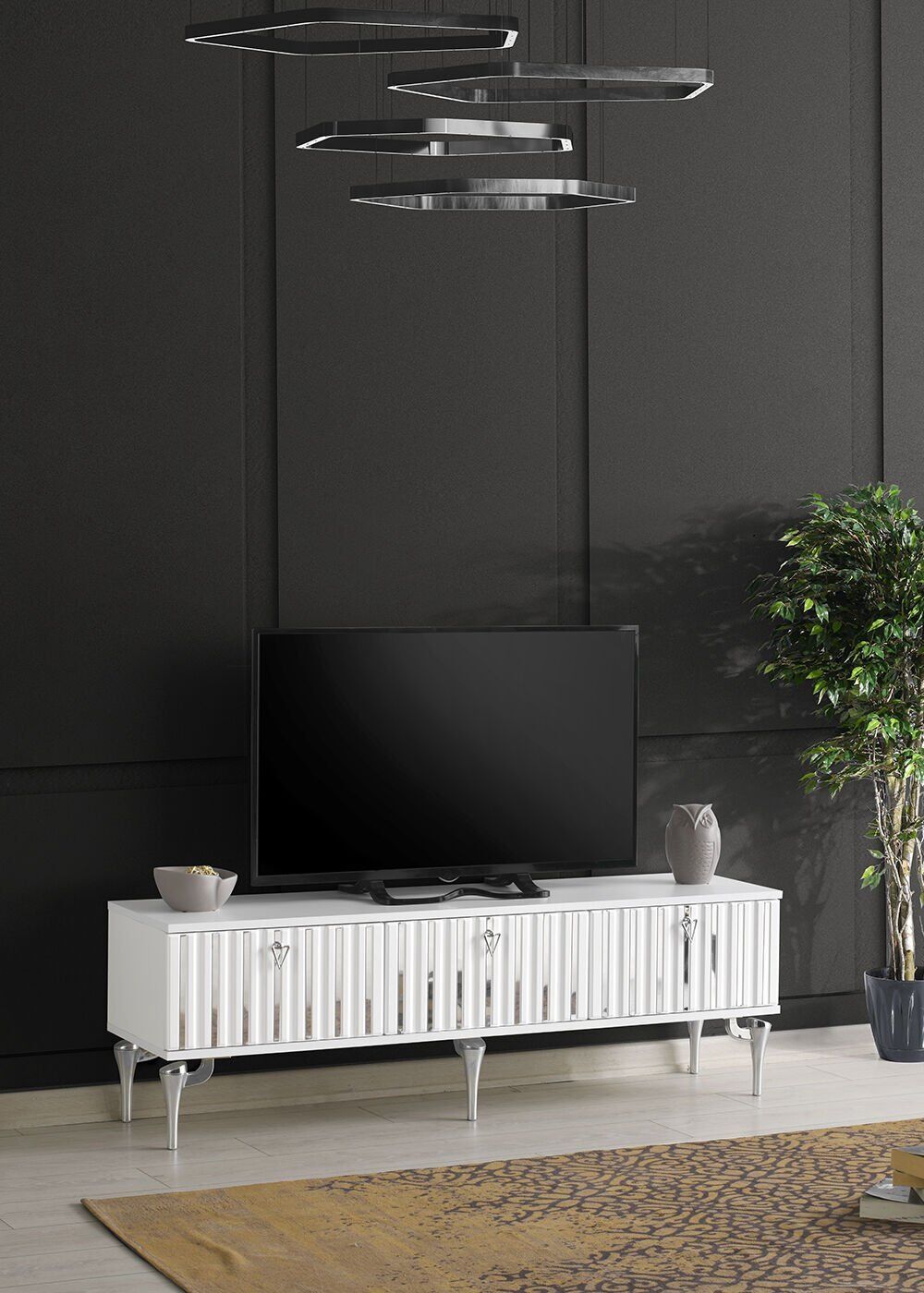 180 CM DUBAİ METAL AYAK-MDF MEBRAN KAPAK TV SEHPASI BEYAZ - GÜMÜŞ