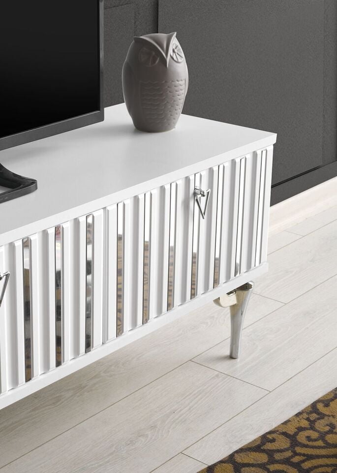 180 CM DUBAİ METAL AYAK-MDF MEBRAN KAPAK TV SEHPASI BEYAZ - GÜMÜŞ