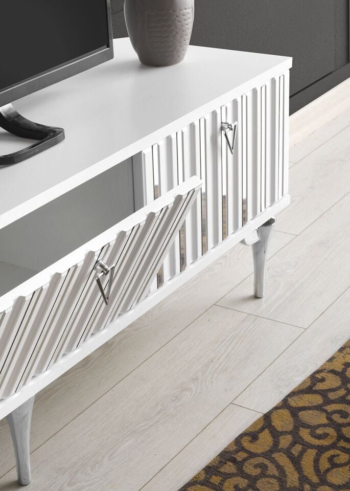 180 CM DUBAİ METAL AYAK-MDF MEBRAN KAPAK TV SEHPASI BEYAZ - GÜMÜŞ