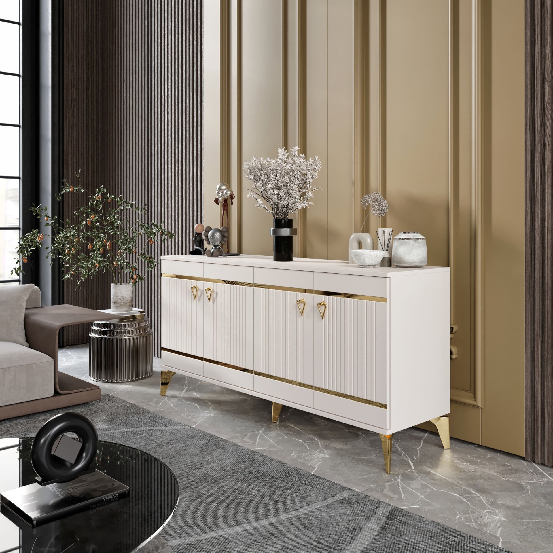 Kordon Modern Konsol - 160 cm MDF Membran Kapaklı, Metal Kulplu, 2 Raflı ve 4 Bölmeli Erku Gold