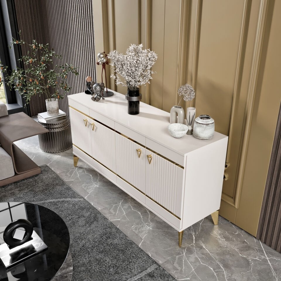 Kordon Modern Konsol - 160 cm MDF Membran Kapaklı, Metal Kulplu, 2 Raflı ve 4 Bölmeli Erku Gold