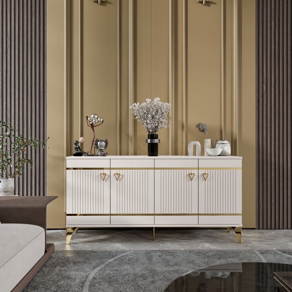 Kordon Modern Konsol - 160 cm MDF Membran Kapaklı, Metal Kulplu, 2 Raflı ve 4 Bölmeli Erku Gold