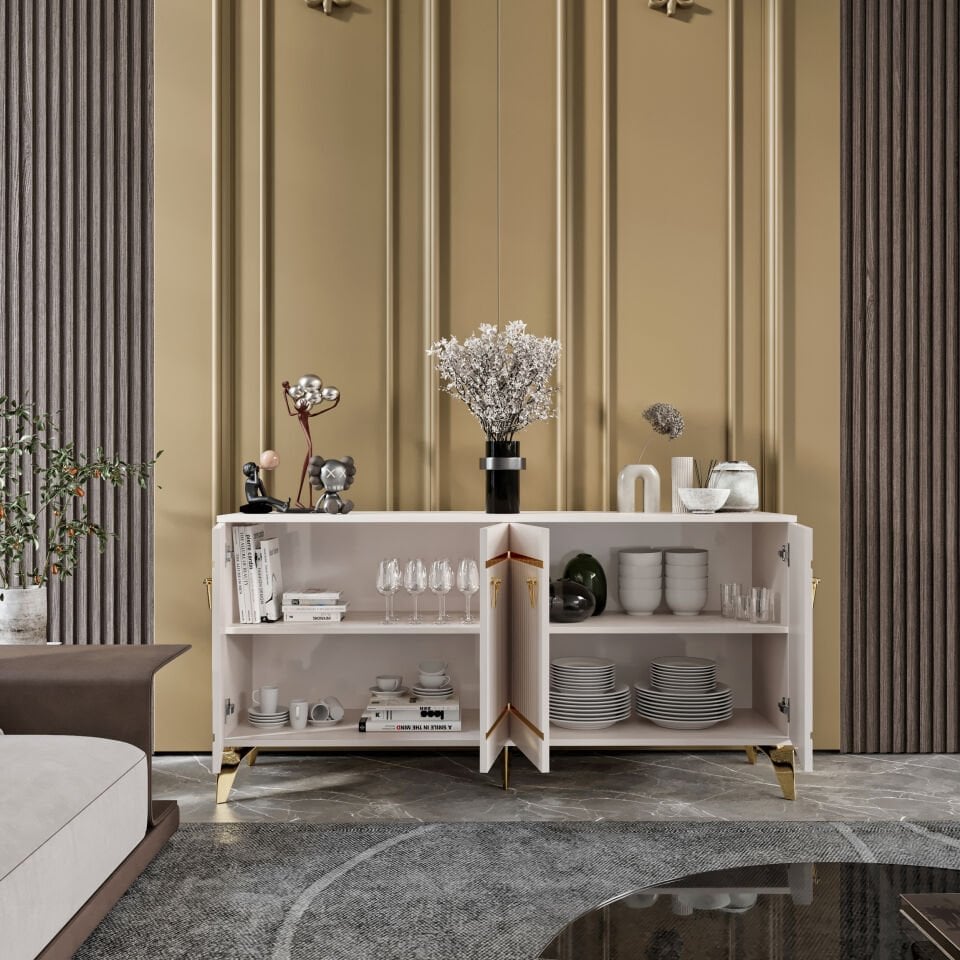 Kordon Modern Konsol - 160 cm MDF Membran Kapaklı, Metal Kulplu, 2 Raflı ve 4 Bölmeli Erku Gold