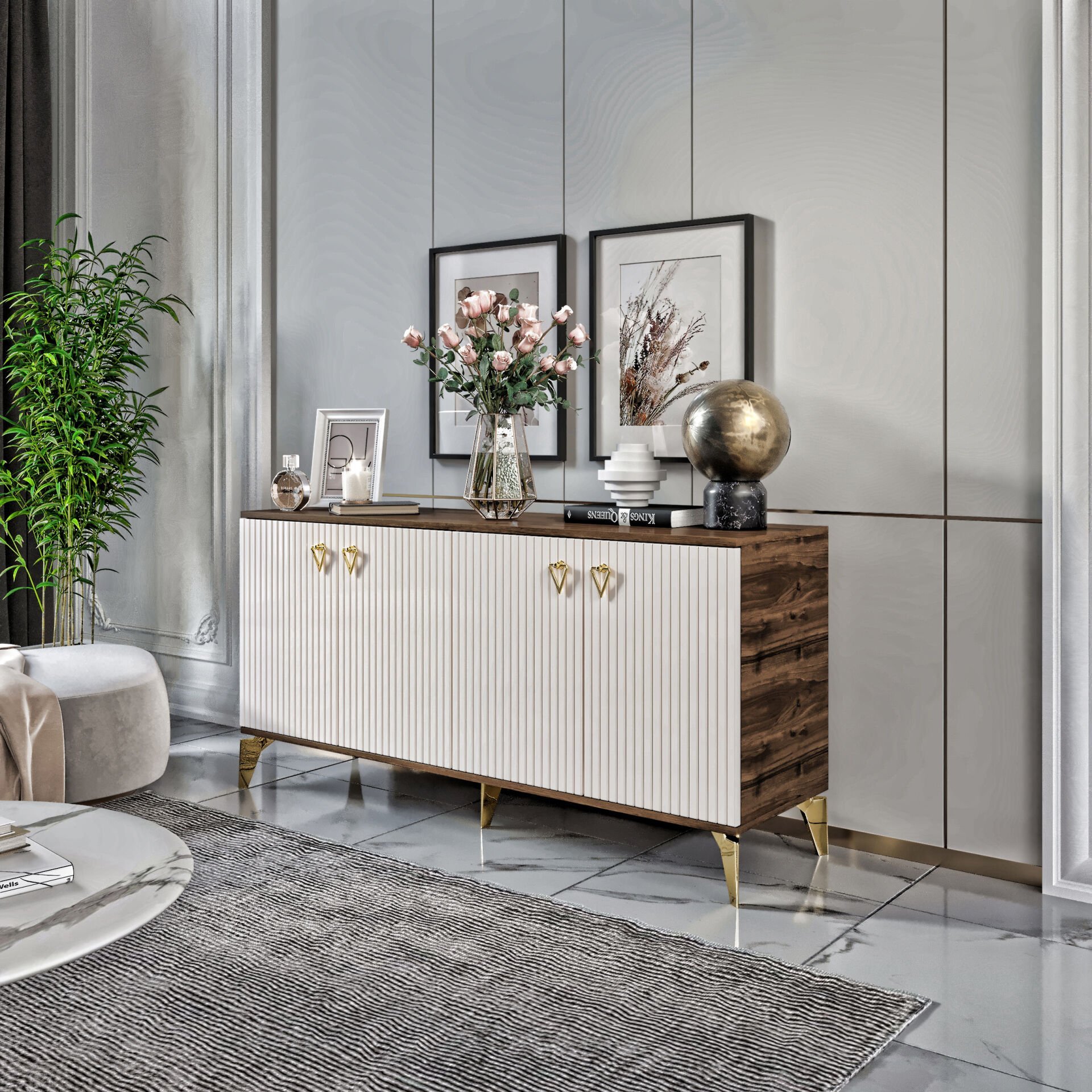 Zeugma Modern Konsol - 160 cm MDF Membran Kapaklı, Metal Kulplu, 2 Raflı ve 4 Bölmeli Ekru Ceviz