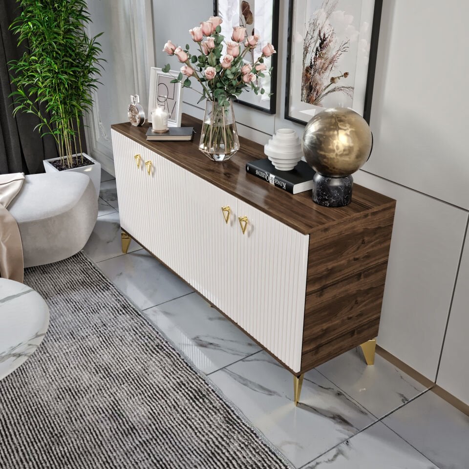 Zeugma Modern Konsol - 160 cm MDF Membran Kapaklı, Metal Kulplu, 2 Raflı ve 4 Bölmeli Ekru Ceviz