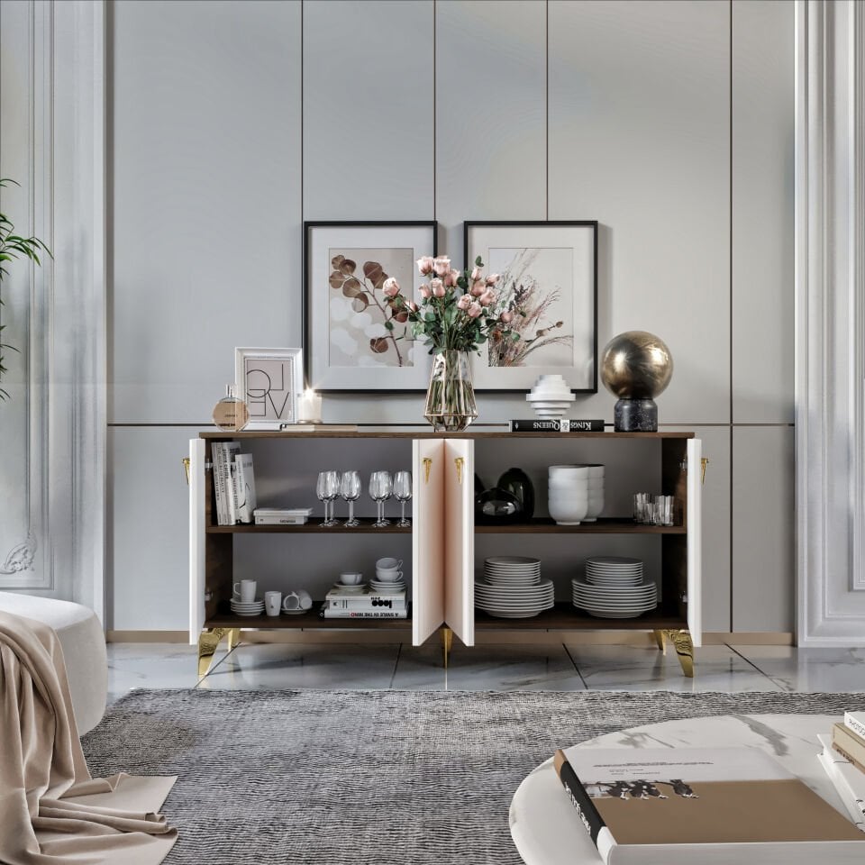 Zeugma Modern Konsol - 160 cm MDF Membran Kapaklı, Metal Kulplu, 2 Raflı ve 4 Bölmeli Ekru Ceviz