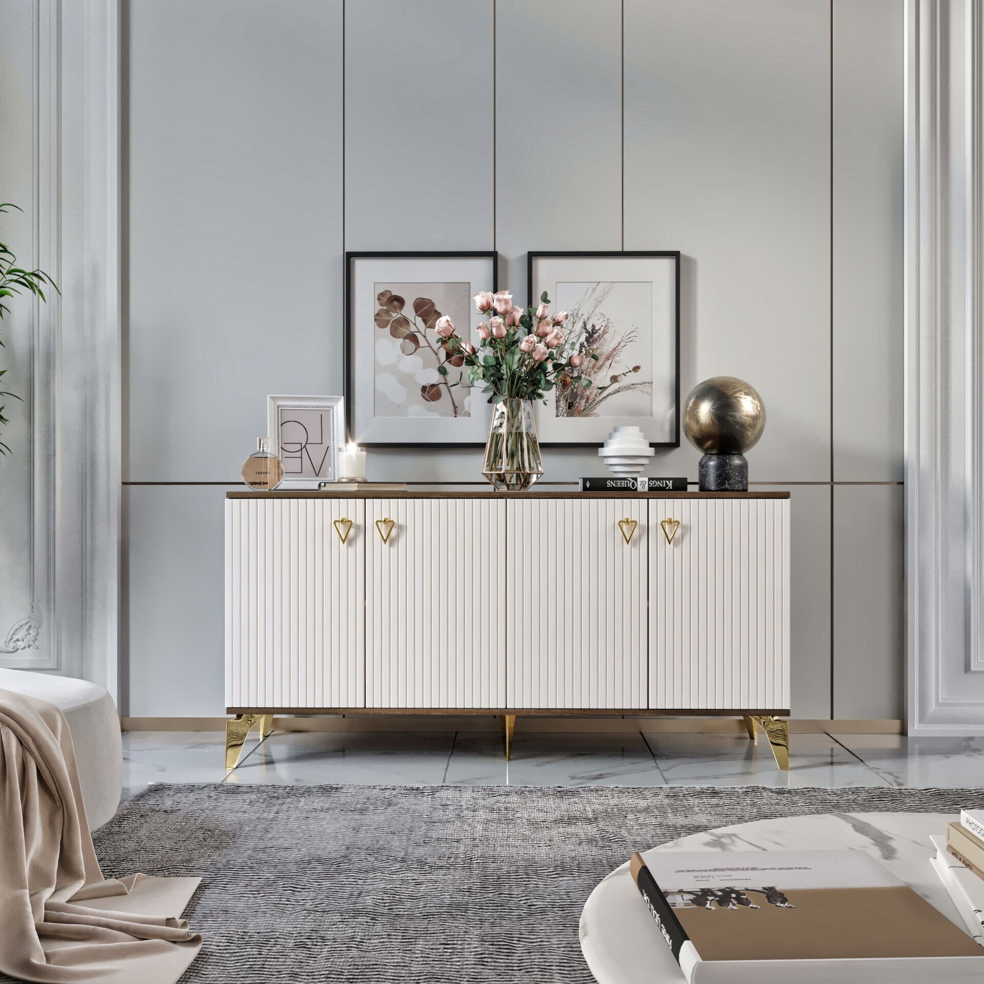 Zeugma modern konsol 160 cm ekru gold modern tasarım