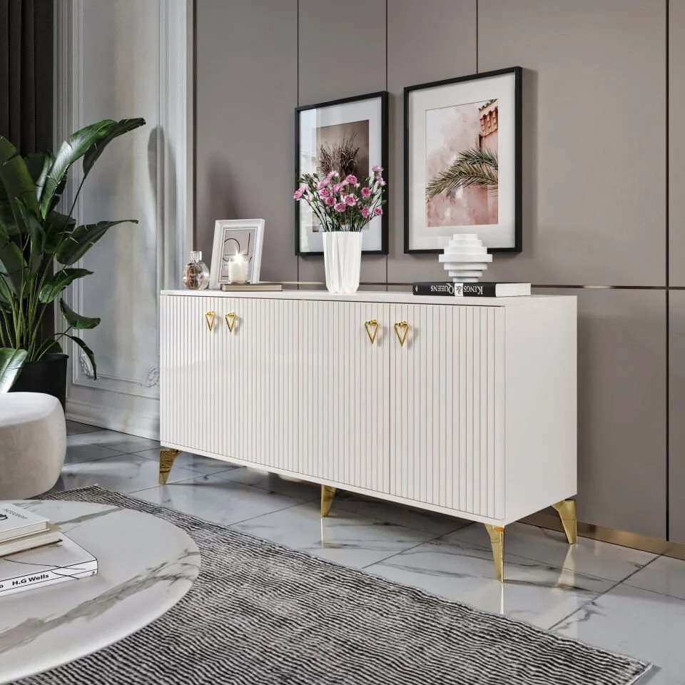 Zeugma Modern Konsol - 160 cm MDF Membran Kapaklı, Metal Kulplu, 2 Raflı ve 4 Bölmeli Ekru Gold