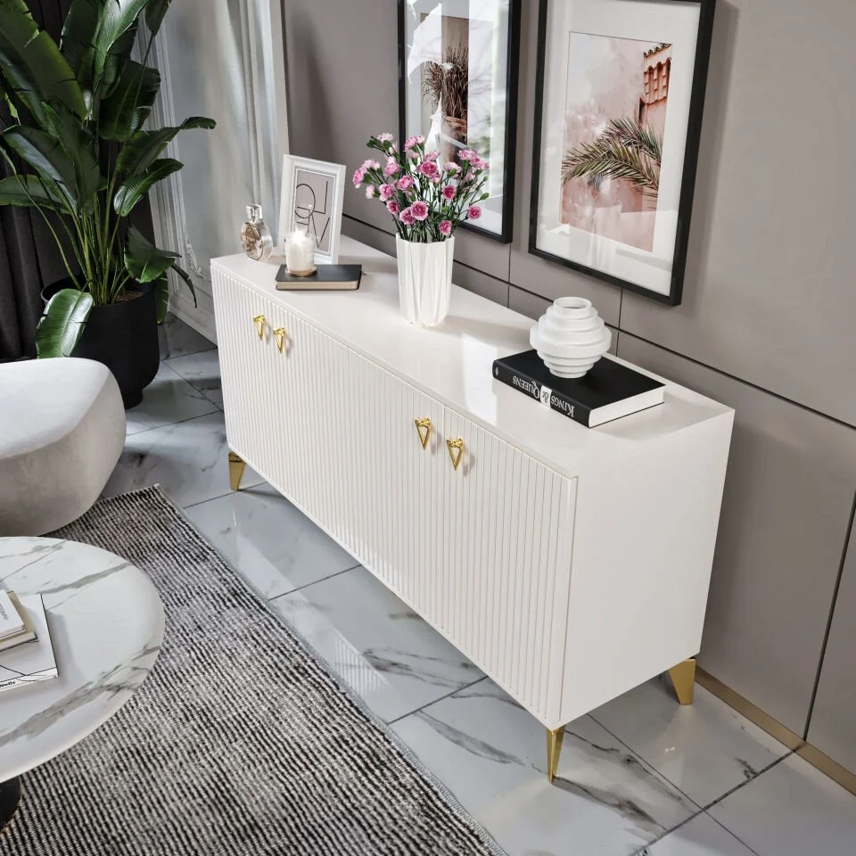 Zeugma Modern Konsol - 160 cm MDF Membran Kapaklı, Metal Kulplu, 2 Raflı ve 4 Bölmeli Ekru Gold