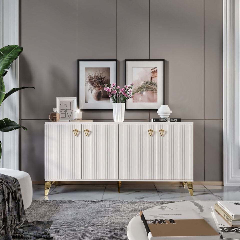 Zeugma Modern Konsol - 160 cm MDF Membran Kapaklı, Metal Kulplu, 2 Raflı ve 4 Bölmeli Ekru Gold