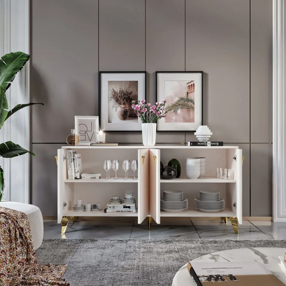 Zeugma Modern Konsol - 160 cm MDF Membran Kapaklı, Metal Kulplu, 2 Raflı ve 4 Bölmeli Ekru Gold