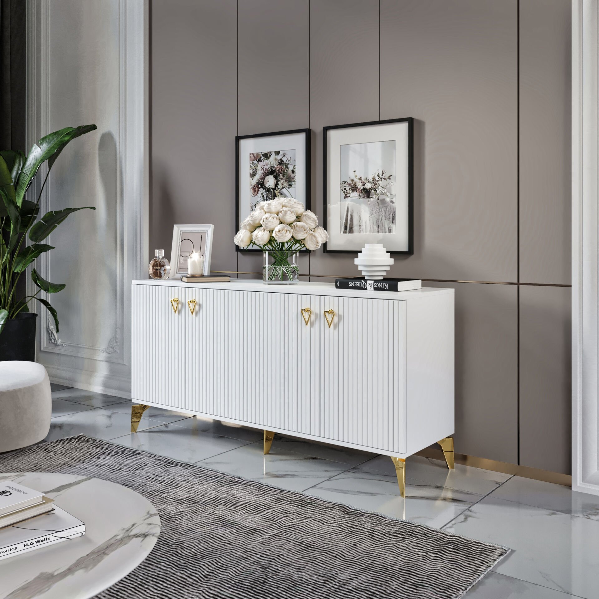 Zeugma Modern Konsol - 160 cm MDF Membran Kapaklı, Metal Kulplu, 2 Raflı ve 4 Bölmeli Beyaz Gold