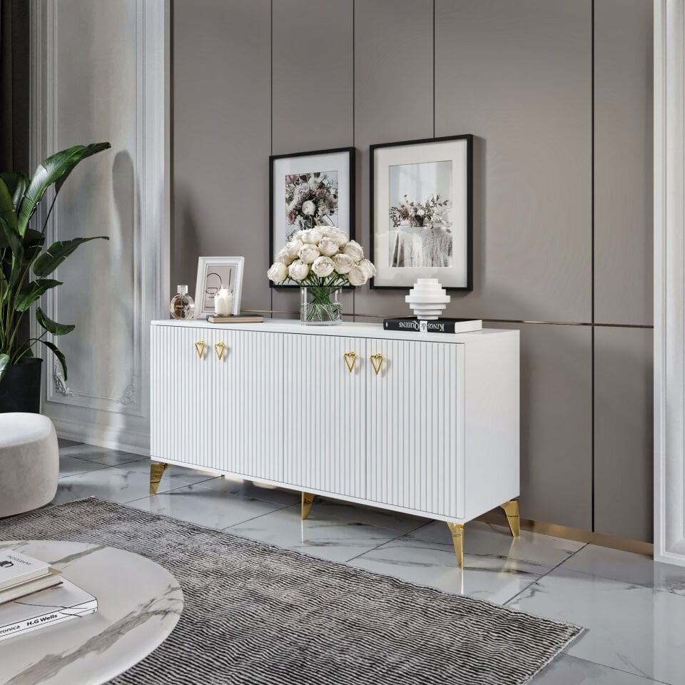 Zeugma Modern Konsol - 160 cm MDF Membran Kapaklı, Metal Kulplu, 2 Raflı ve 4 Bölmeli Beyaz Gold