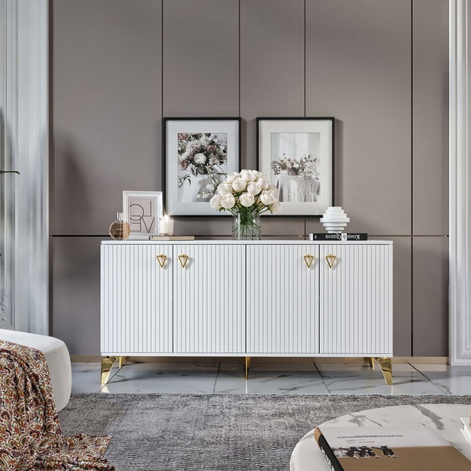 Zeugma Modern Konsol - 160 cm MDF Membran Kapaklı, Metal Kulplu, 2 Raflı ve 4 Bölmeli Beyaz Gold