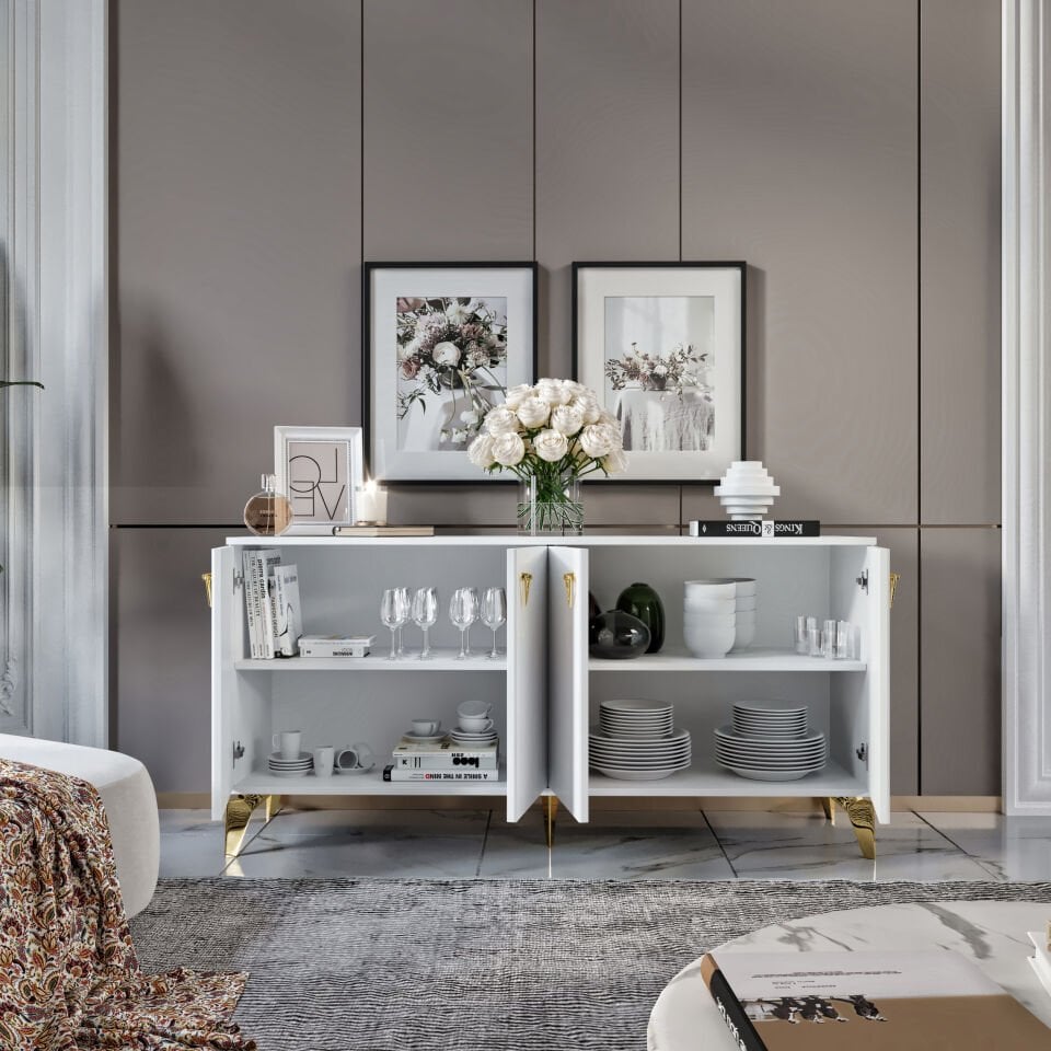 Zeugma Modern Konsol - 160 cm MDF Membran Kapaklı, Metal Kulplu, 2 Raflı ve 4 Bölmeli Beyaz Gold