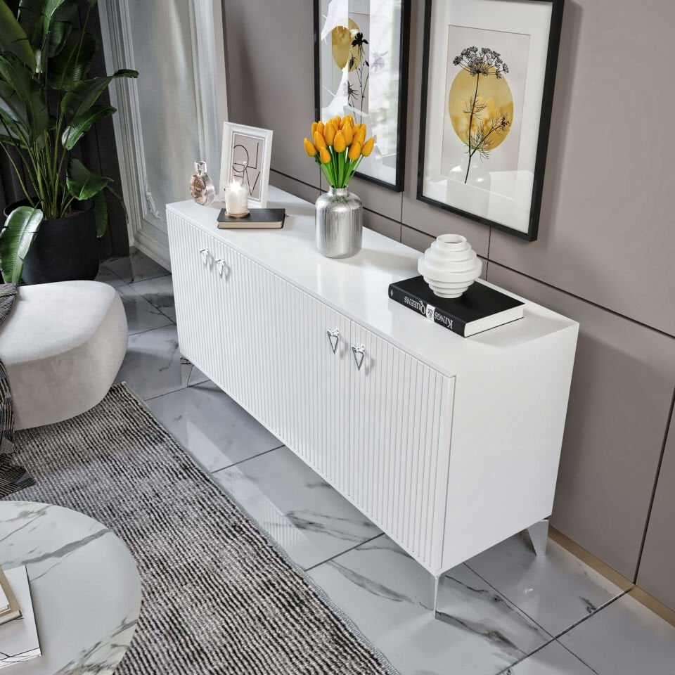 Zeugma Modern Konsol - 160 cm MDF Membran Kapaklı, Metal Kulplu, 2 Raflı ve 4 Bölmeli Beyaz Gümüş