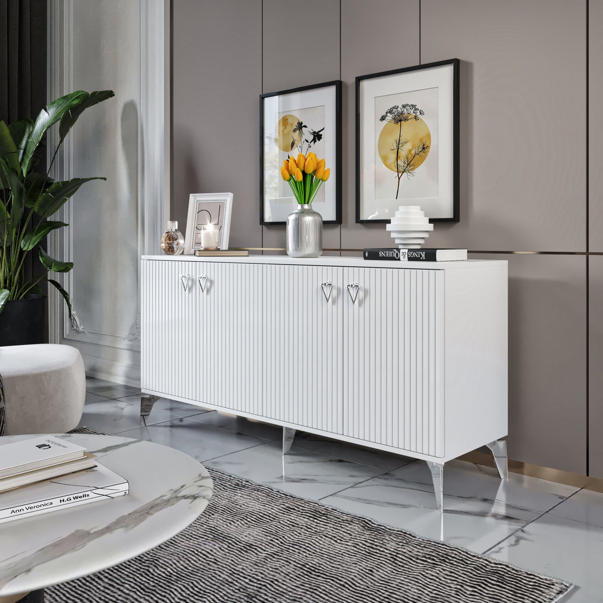 Zeugma Modern Konsol - 160 cm MDF Membran Kapaklı, Metal Kulplu, 2 Raflı ve 4 Bölmeli Beyaz Gümüş