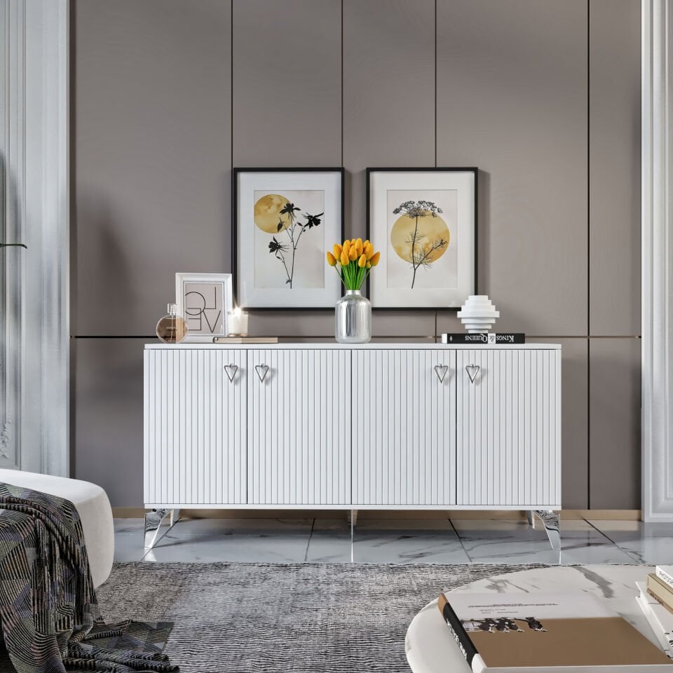 Zeugma Modern Konsol - 160 cm MDF Membran Kapaklı, Metal Kulplu, 2 Raflı ve 4 Bölmeli Beyaz Gümüş