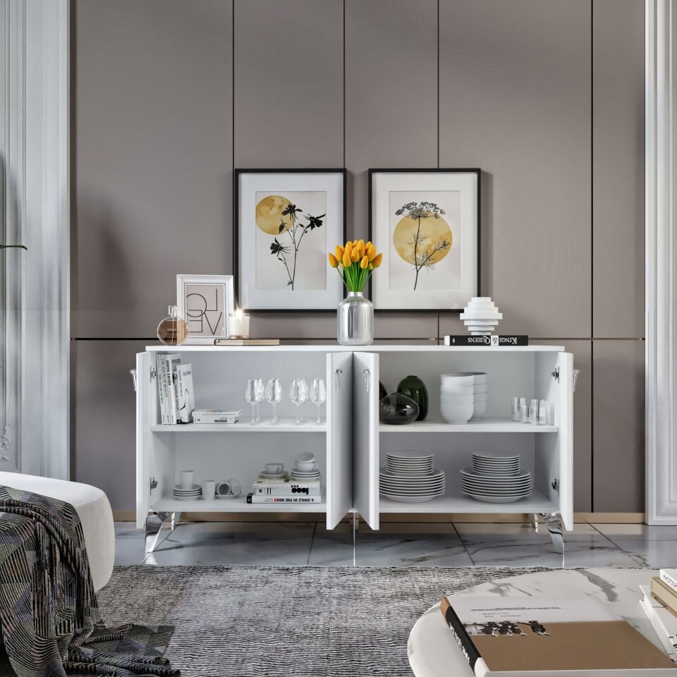 Zeugma Modern Konsol - 160 cm MDF Membran Kapaklı, Metal Kulplu, 2 Raflı ve 4 Bölmeli Beyaz Gümüş