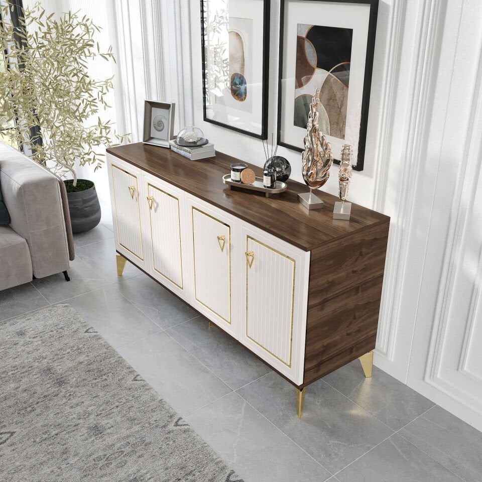 Trend Modern Konsol - 160 cm MDF Membran Kapaklı, Metal Kulplu, 2 Raflı ve 4 Bölmeli Ekru Ceviz