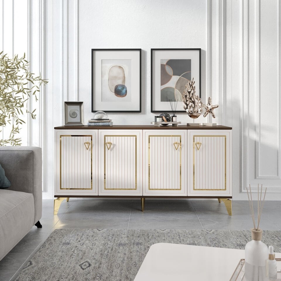 Trend Modern Konsol - 160 cm MDF Membran Kapaklı, Metal Kulplu, 2 Raflı ve 4 Bölmeli Ekru Ceviz