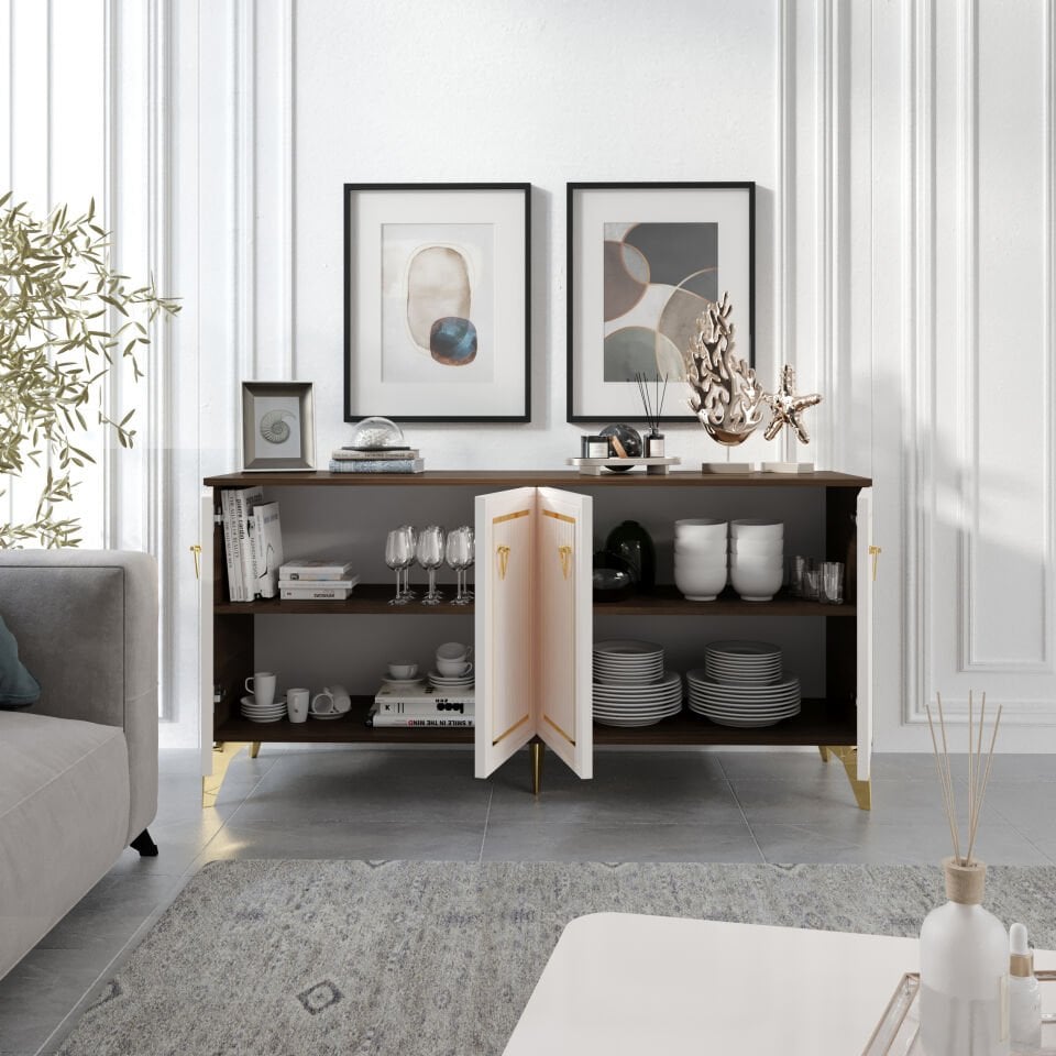 Trend Modern Konsol - 160 cm MDF Membran Kapaklı, Metal Kulplu, 2 Raflı ve 4 Bölmeli Ekru Ceviz