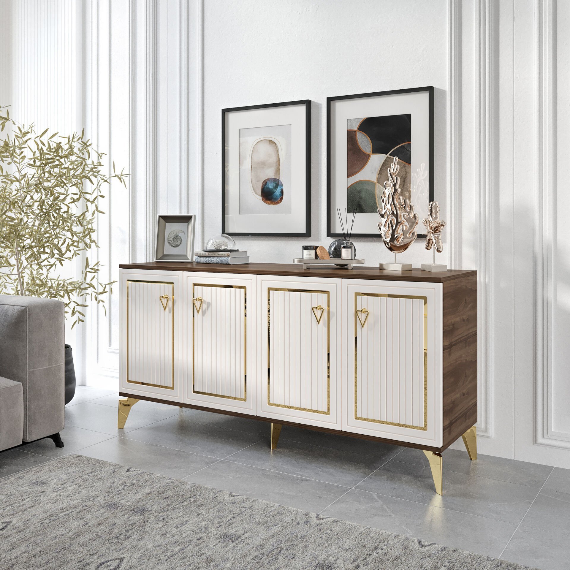 Trend Modern Konsol - 160 cm MDF Membran Kapaklı, Metal Kulplu, 2 Raflı ve 4 Bölmeli Ekru Ceviz