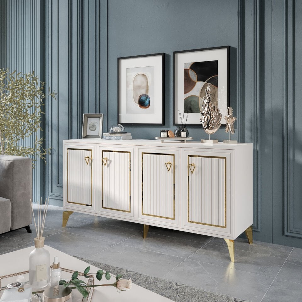 Trend Modern Konsol - 160 cm MDF Membran Kapaklı, Metal Kulplu, 2 Raflı ve 4 Bölmeli Ekru Gold